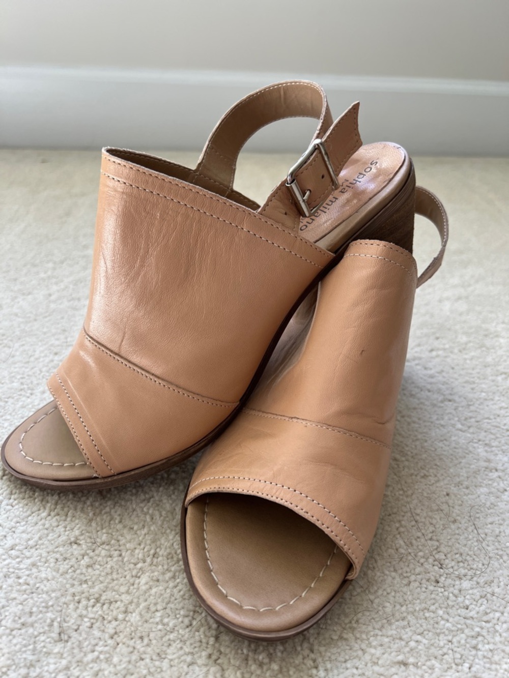 Nude Tan Leather Open-Toe Slingback Wedges. Sophia Milano made in Italy size 9.5